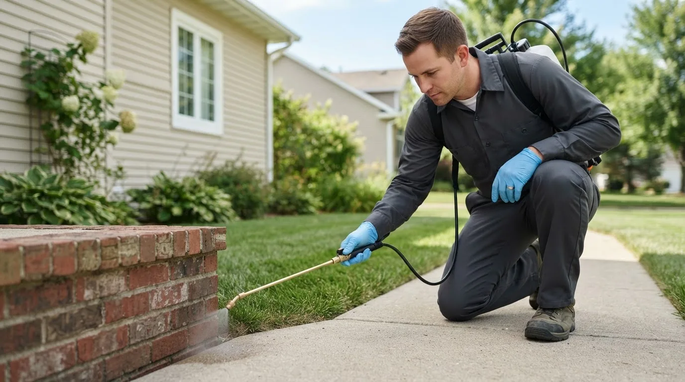 Pest control technician treating a home near Exmore, VA